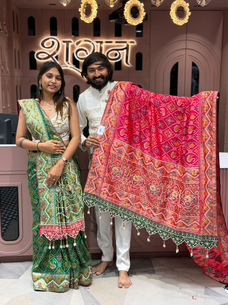 SHAGUN FASHION Exclusive Royal Patola Silk Saree with Heavy Cutwork Border & Mirror Work Blouse