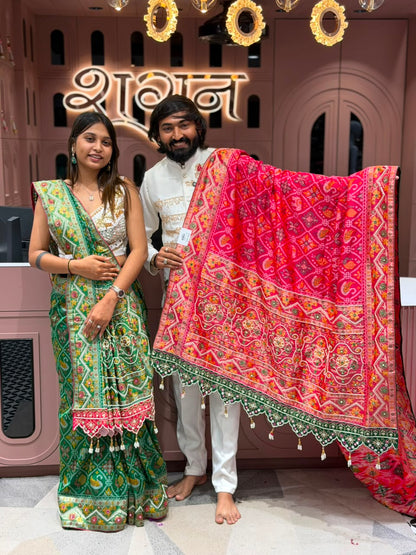 SHAGUN FASHION Exclusive Royal Patola Silk Saree with Heavy Cutwork Border & Mirror Work Blouse
