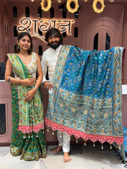 SHAGUN FASHION Exclusive Royal Patola Silk Saree with Heavy Cutwork Border & Mirror Work Blouse