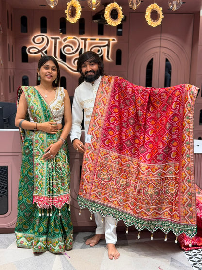 SHAGUN FASHION Exclusive Royal Patola Silk Saree with Heavy Cutwork Border & Mirror Work Blouse