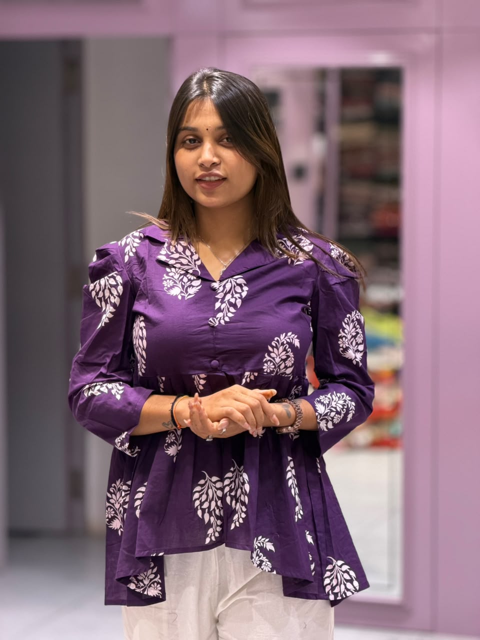 SHAGUN FASHION – Stylish Floral Print Cotton High-Low Tunic & Pant Set