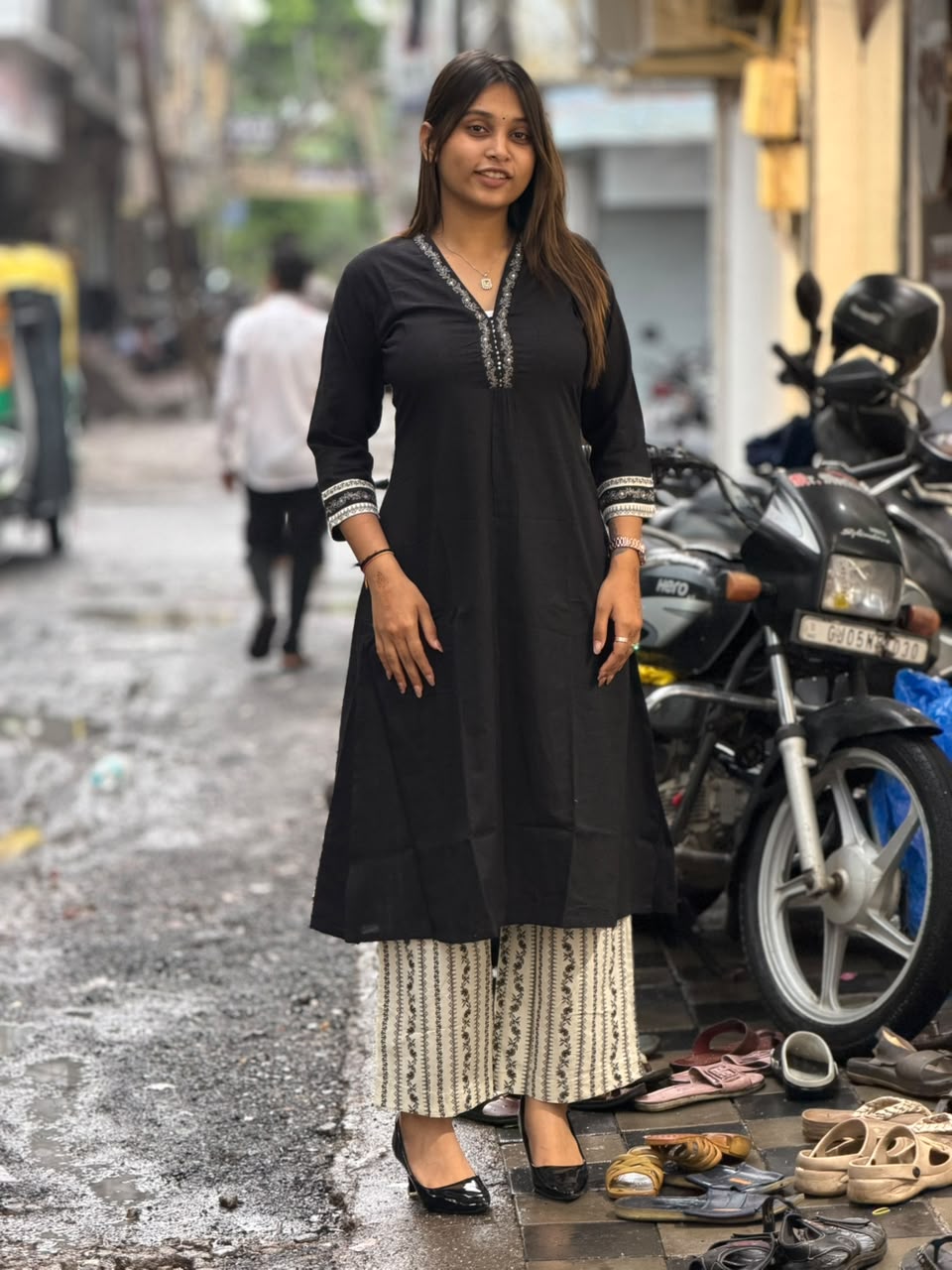 SHAGUN FASHION Premium Jet Black Cotton Kurti & Printed Palazzo Set