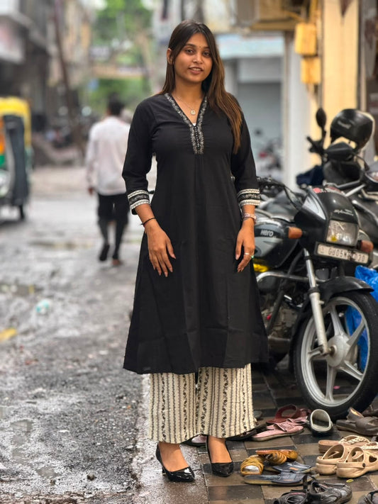 SHAGUN FASHION Premium Jet Black Cotton Kurti & Printed Palazzo Set