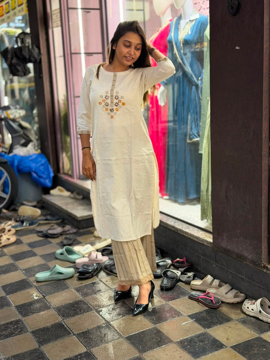 SHAGUN FASHION Off-White Floral Embroidered Straight Kurti & Striped Palazzo Set