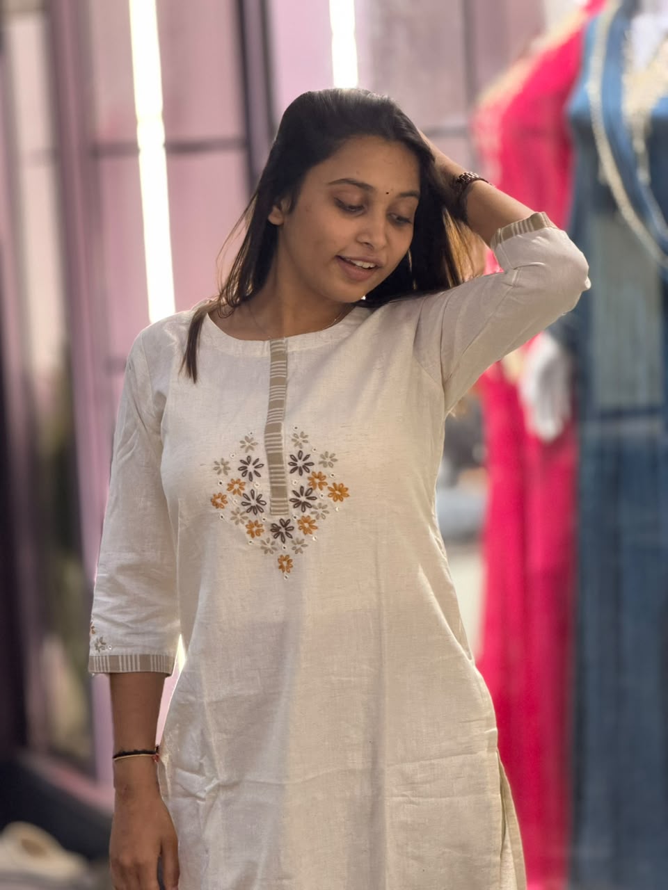 SHAGUN FASHION Off-White Floral Embroidered Straight Kurti & Striped Palazzo Set