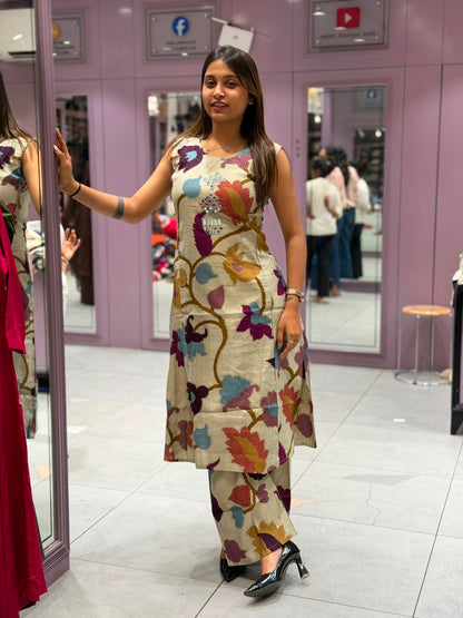 SHAGUN FASHION Premium Floral Print Sleeveless Silk Kurti Pant Set with Mirror & Handwork Neckline