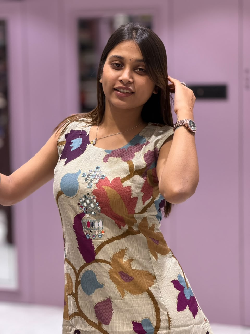 SHAGUN FASHION Premium Floral Print Sleeveless Silk Kurti Pant Set with Mirror & Handwork Neckline