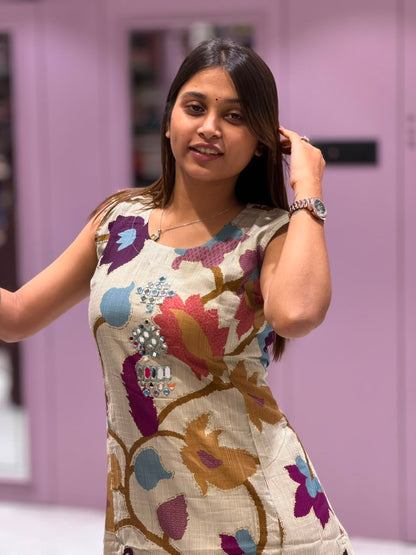 SHAGUN FASHION Premium Floral Print Sleeveless Silk Kurti Pant Set with Mirror & Handwork Neckline