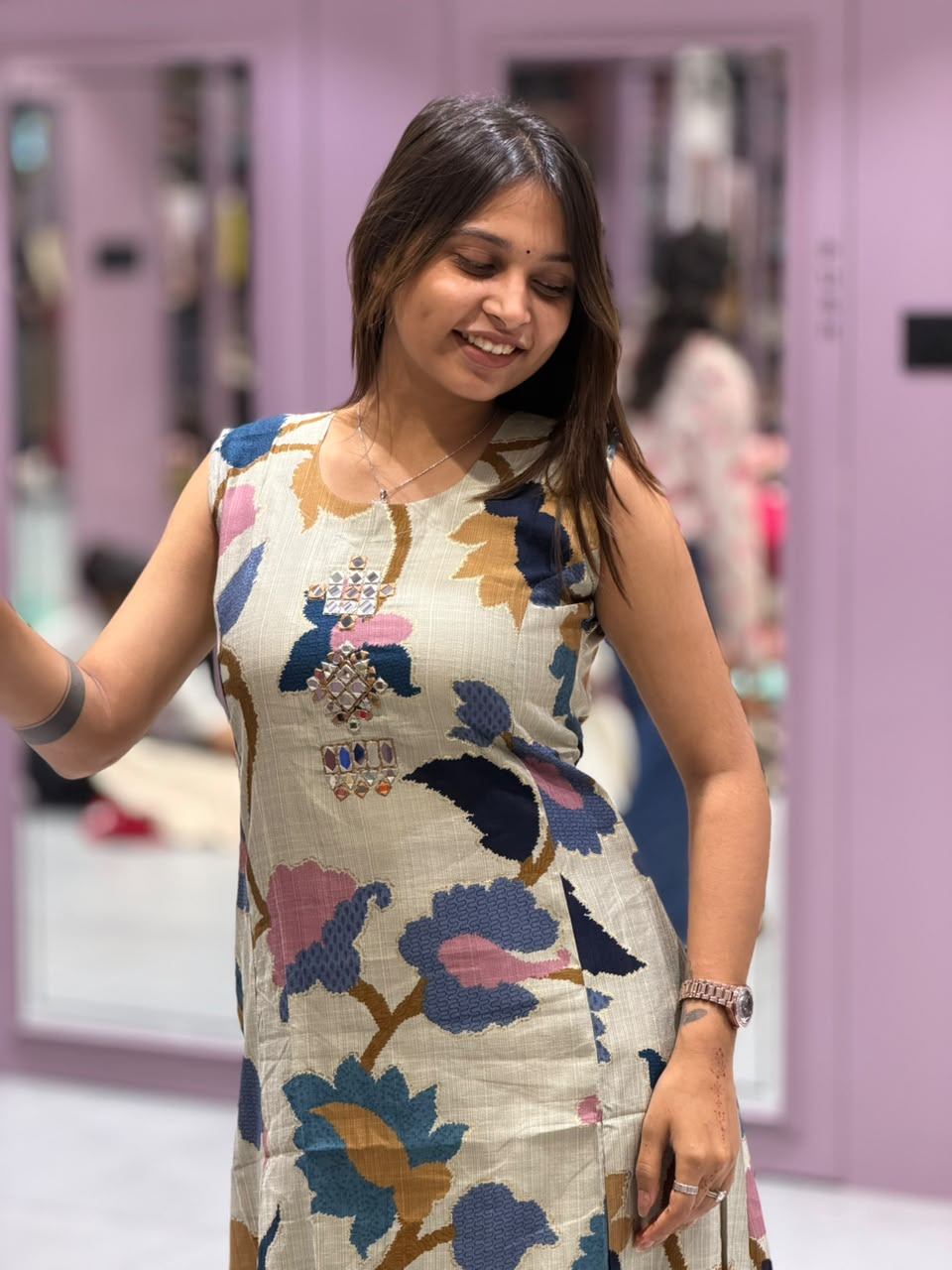 SHAGUN FASHION Premium Floral Print Sleeveless Silk Kurti Pant Set with Mirror & Handwork Neckline