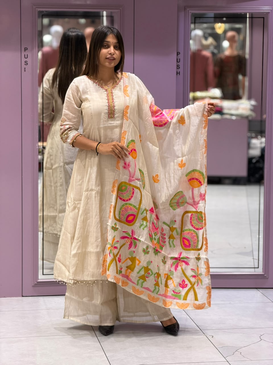 SHAGUN FASHION Elegant Off-White Chanderi Silk Anarkali Suit Set with Handwork Dupatta