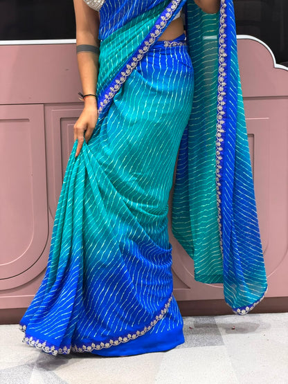 SHAGUN FASHION Dual-Shade Leheriya Georgette Saree with Embroidered Floral Cutwork Border