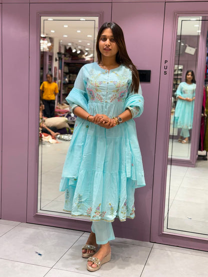 SHAGUN FASHION Exclusive 3-Piece Floral Embroidered Tiered Anarkali Suit Set