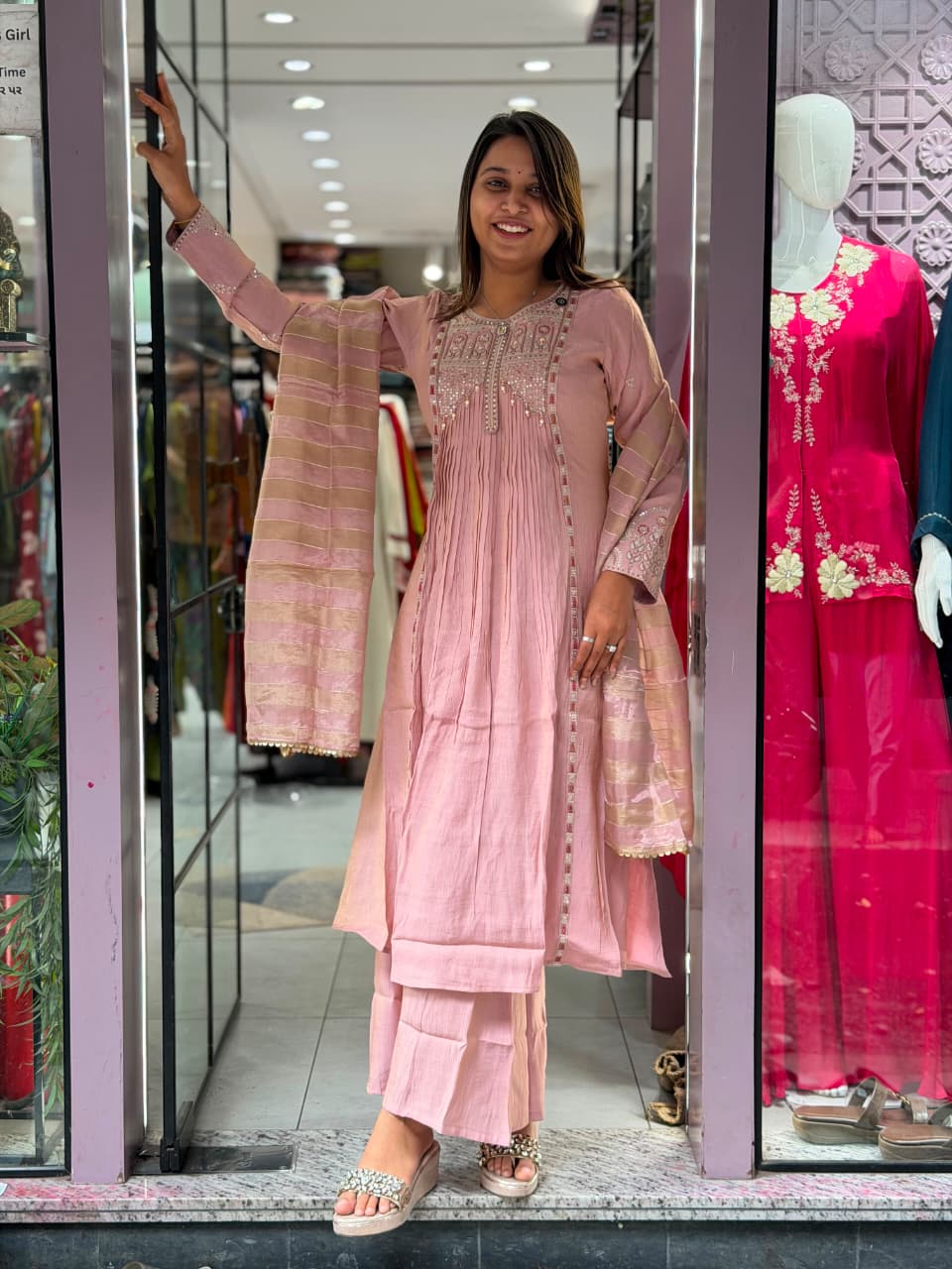 SHAGUN FASHION Premium Embroidered Silk Kurti Palazzo Set with Woven Dupatta