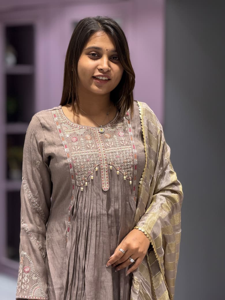 SHAGUN FASHION Premium Embroidered Silk Kurti Palazzo Set with Woven Dupatta
