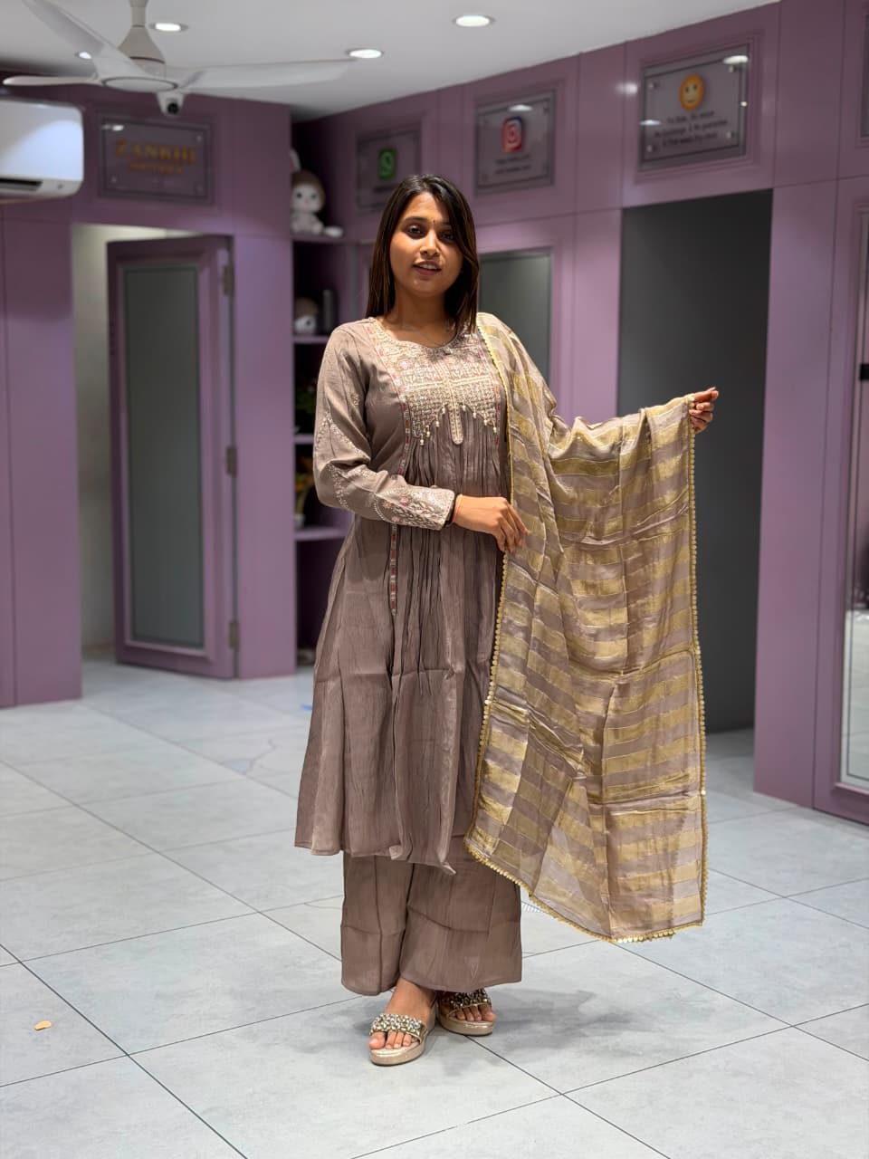 SHAGUN FASHION Premium Embroidered Silk Kurti Palazzo Set with Woven Dupatta
