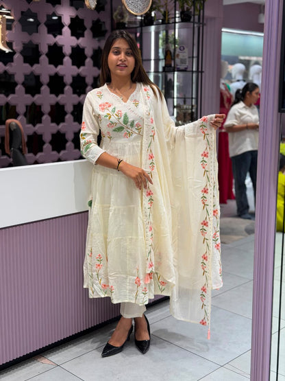 Title: SHAGUN FASHION Elegant Off-White Floral Anarkali Kurti Set with Dupatta