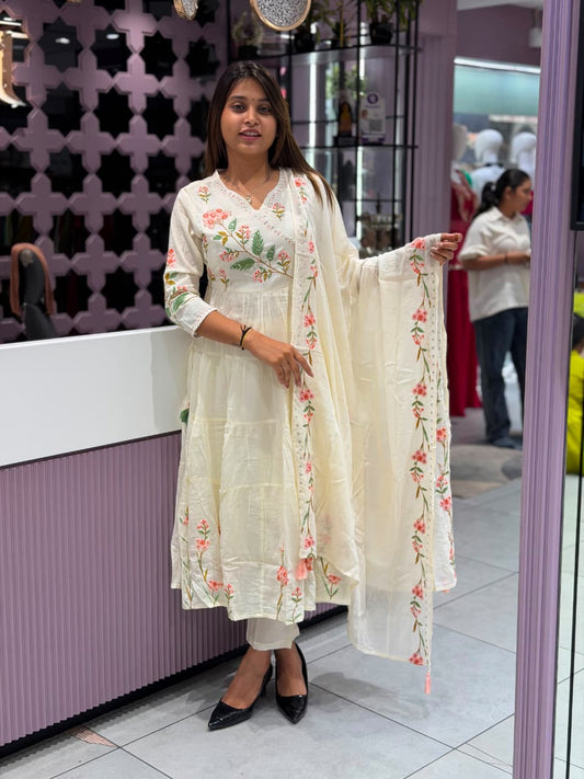Title: SHAGUN FASHION Elegant Off-White Floral Anarkali Kurti Set with Dupatta