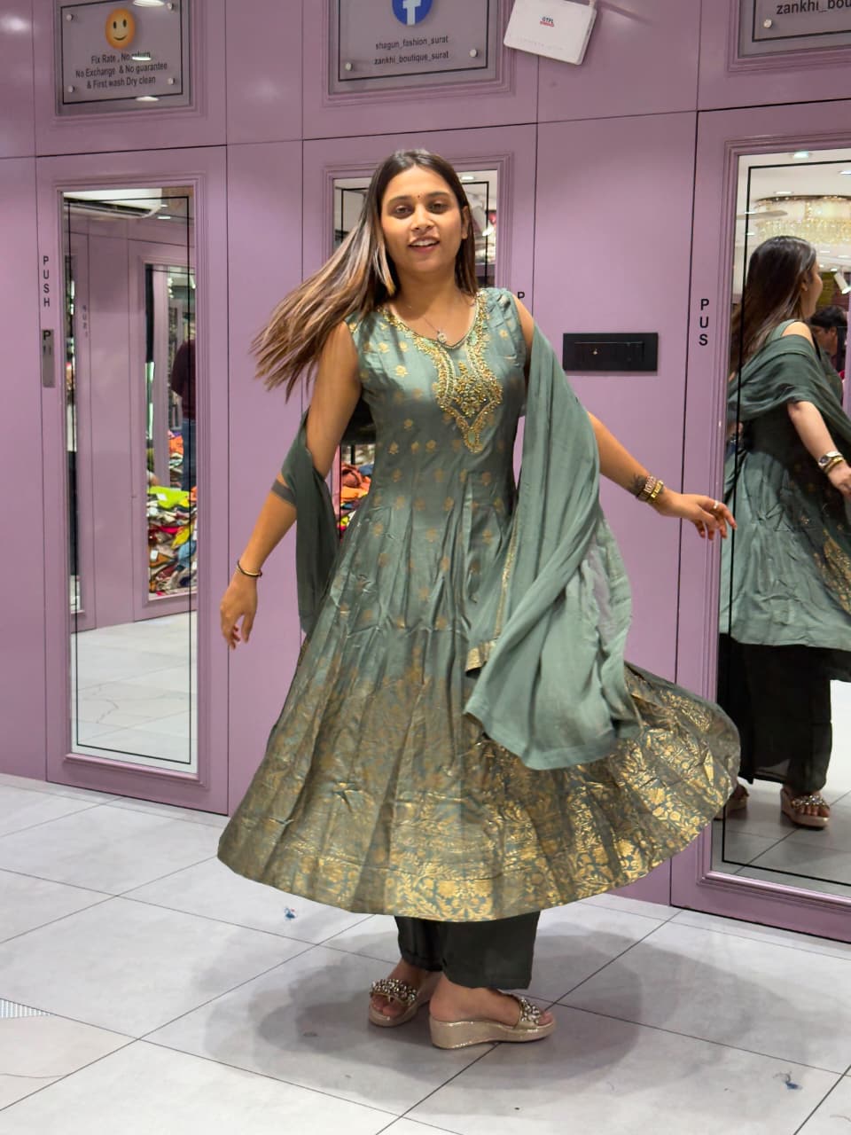 SHAGUN FASHION Premium Designer Olive Green Anarkali Suit Set with Heavy Handwork & Matching Dupatta