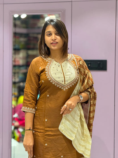 SHAGUN FASHION Premium Designer Handwork Silk Kurti, Flared Sharara / Palazzo & Zari Striped Dupatta Set