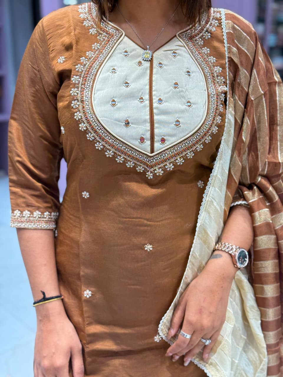 SHAGUN FASHION Premium Designer Handwork Silk Kurti, Flared Sharara / Palazzo & Zari Striped Dupatta Set
