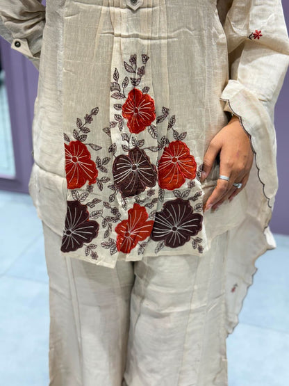Elegant Beige Floral Embroidered Kurti Palazzo Set with Dupatta - SHAGUN FASHION