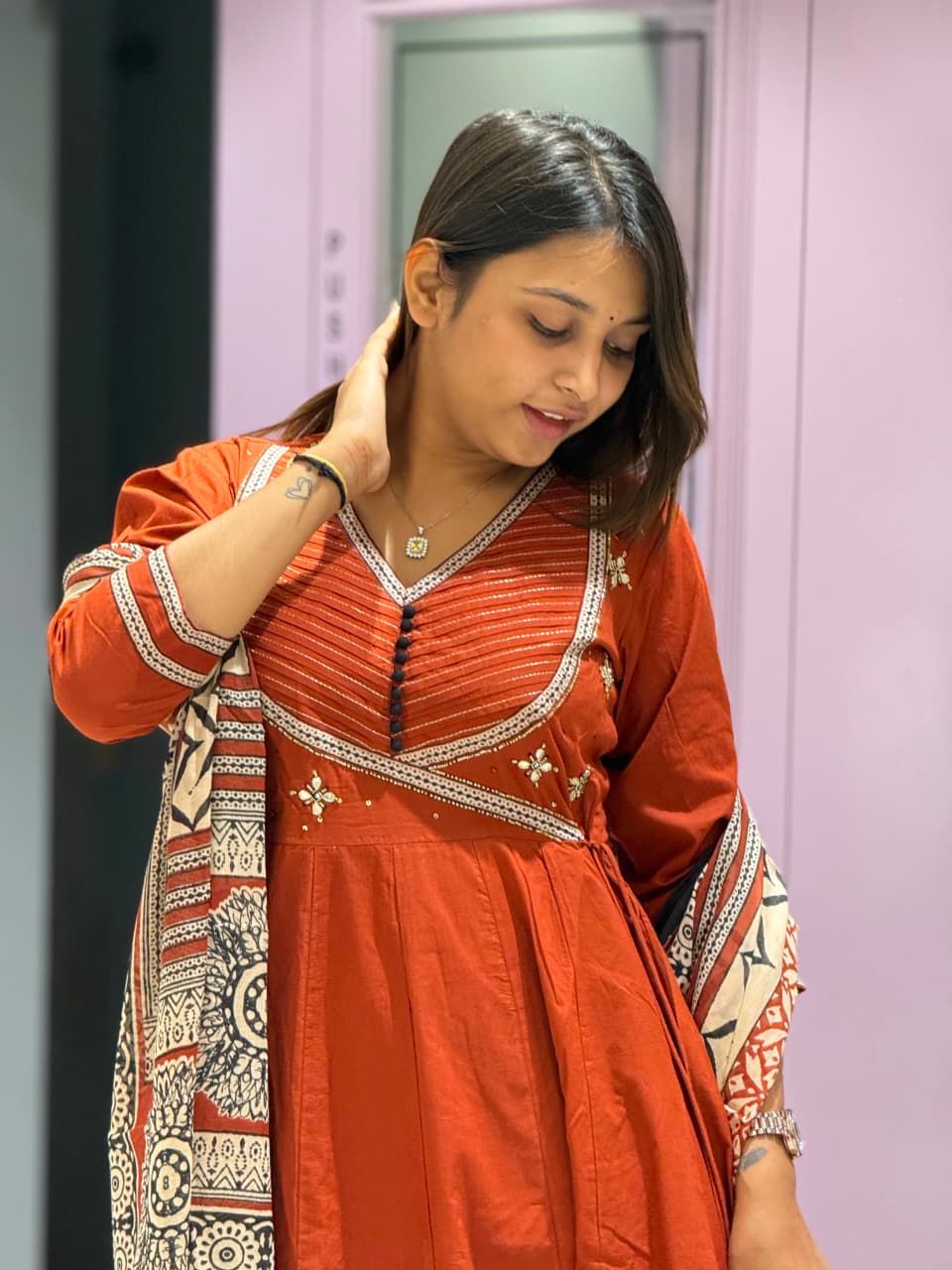 SHAGUN FASHION Premium Cotton Angrakha Style Anarkali Suit Set with Printed Dupatta & Pant