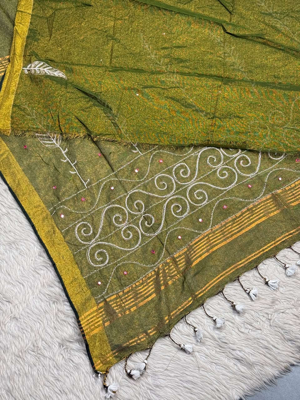 SHAGUN FASHION Handloom Sharbat Silk Saree with Mirror & Aari Work