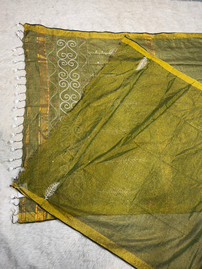 SHAGUN FASHION Handloom Sharbat Silk Saree with Mirror & Aari Work
