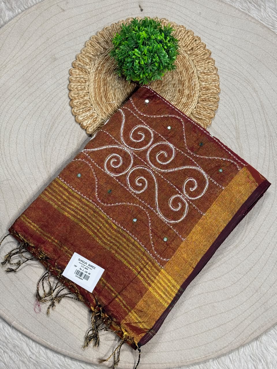 SHAGUN FASHION Handloom Sharbat Silk Saree with Mirror & Aari Work