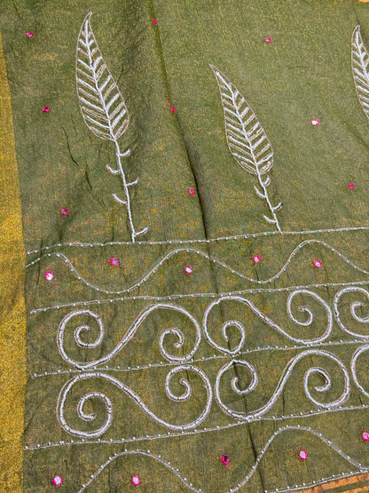 SHAGUN FASHION Handloom Sharbat Silk Saree with Mirror & Aari Work