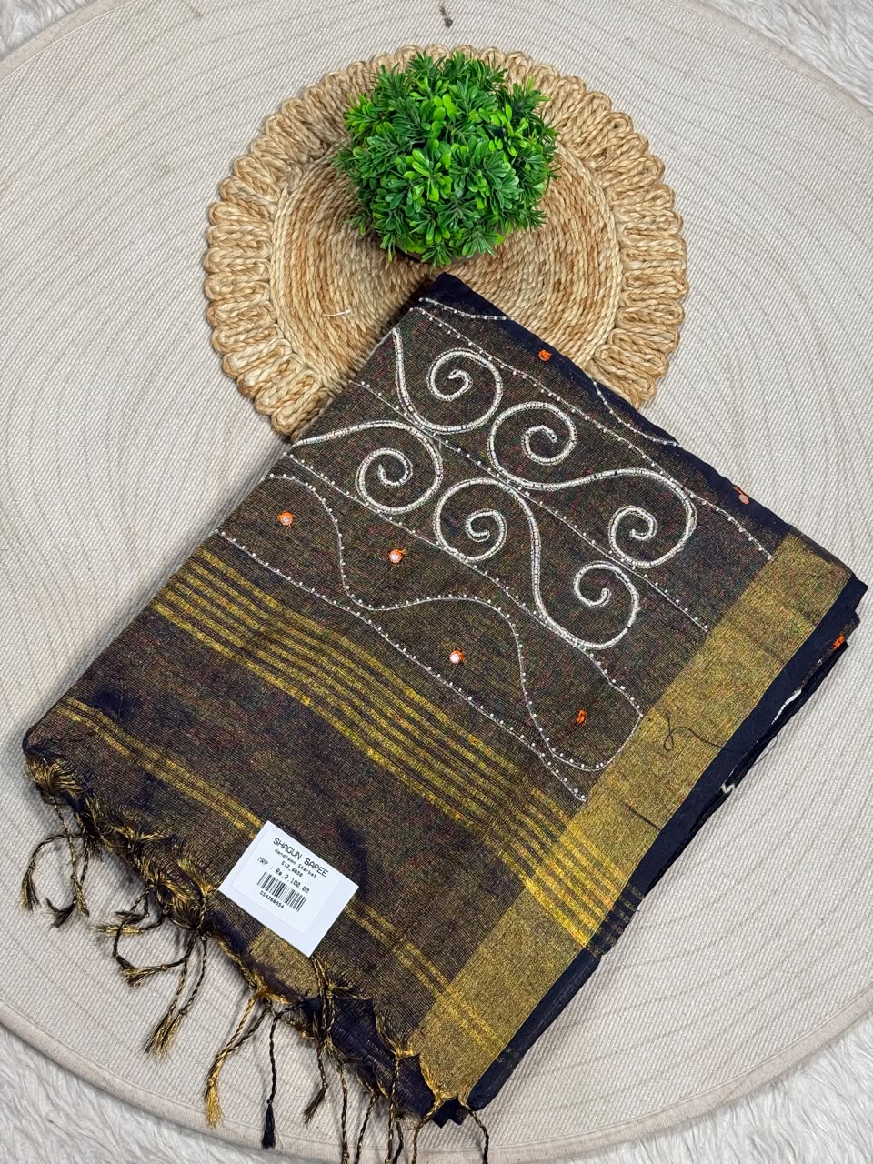 SHAGUN FASHION Handloom Sharbat Silk Saree with Mirror & Aari Work
