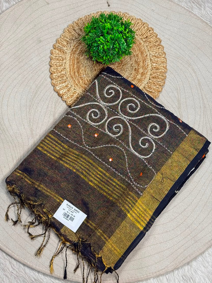 SHAGUN FASHION Handloom Sharbat Silk Saree with Mirror & Aari Work