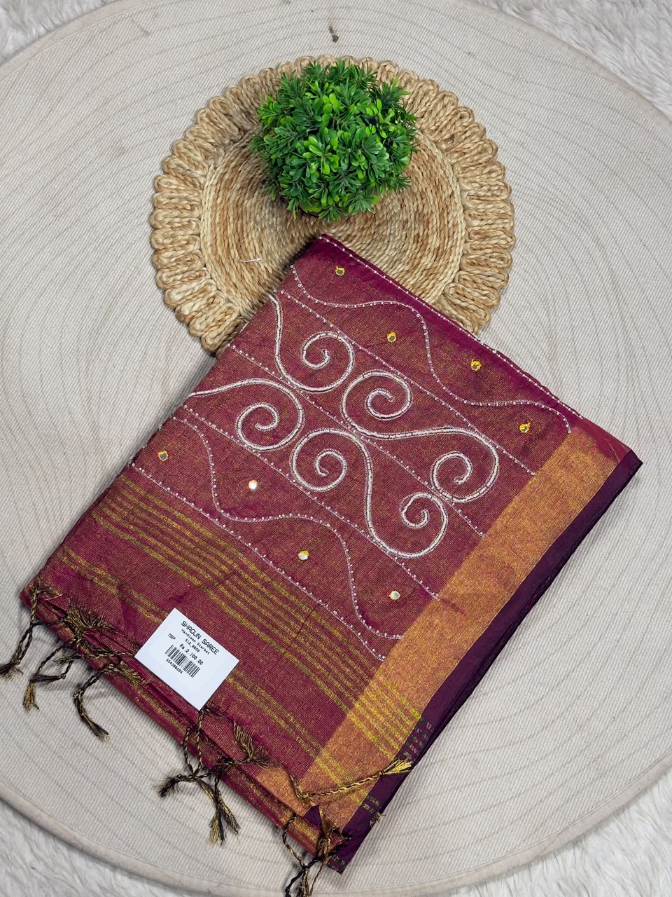 SHAGUN FASHION Handloom Sharbat Silk Saree with Mirror & Aari Work