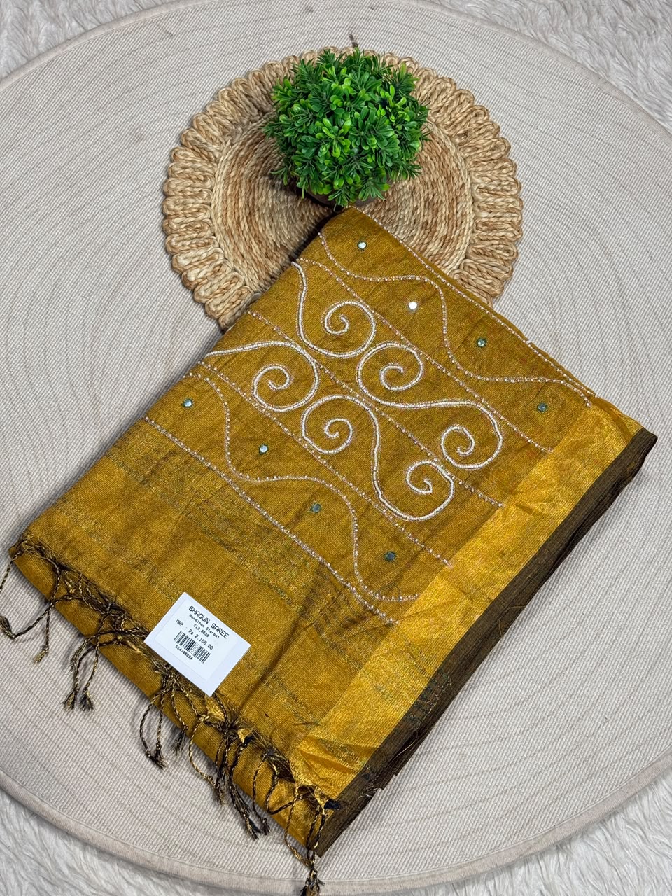 SHAGUN FASHION Handloom Sharbat Silk Saree with Mirror & Aari Work