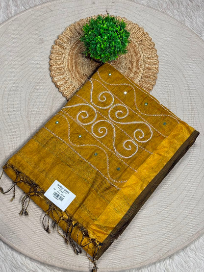 SHAGUN FASHION Handloom Sharbat Silk Saree with Mirror & Aari Work