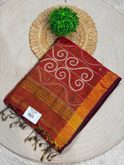 SHAGUN FASHION Handloom Sharbat Silk Saree with Mirror & Aari Work
