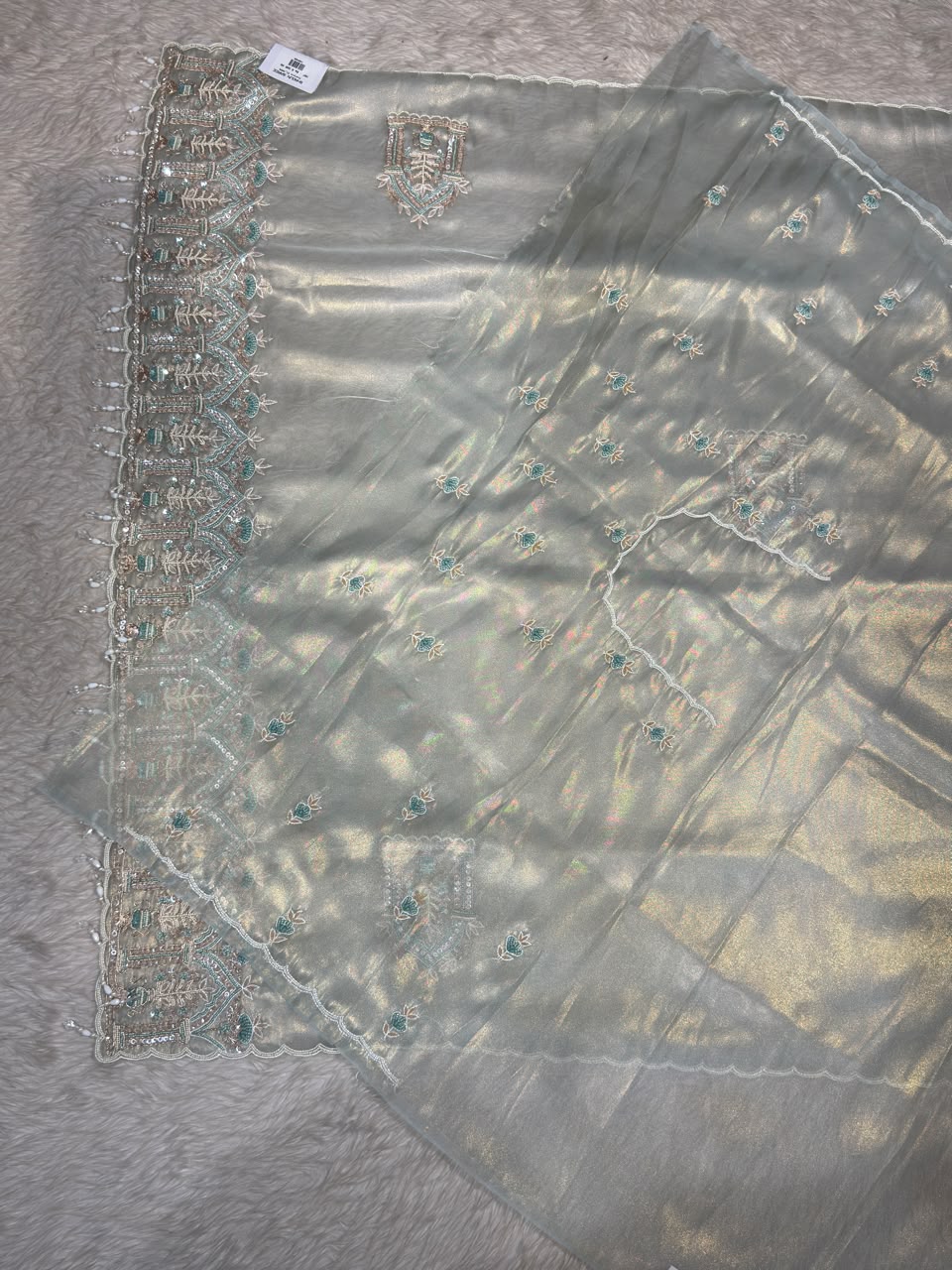 SHAGUN FASHION Premium Shimmer Organza Designer Saree with Heavy Cutwork & Bead Border