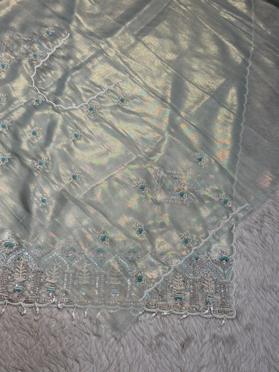 SHAGUN FASHION Premium Shimmer Organza Designer Saree with Heavy Cutwork & Bead Border