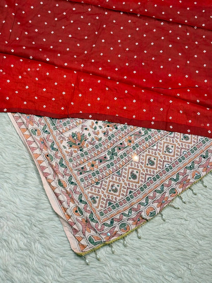 SHAGUN FASHION Pure Cotton Bandhani Printed Saree with Traditional Handwork Border & Mirror Work