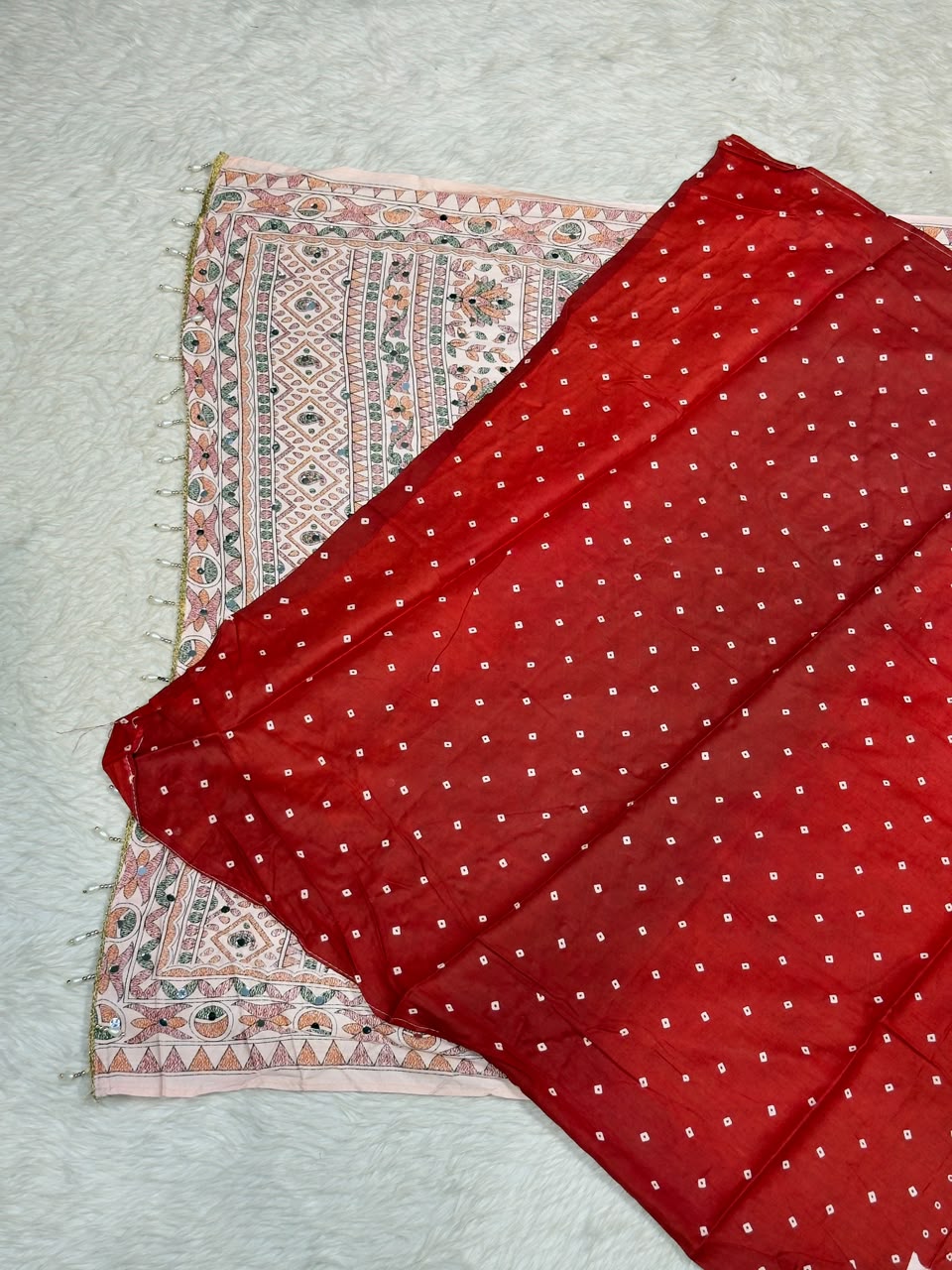SHAGUN FASHION Pure Cotton Bandhani Printed Saree with Traditional Handwork Border & Mirror Work