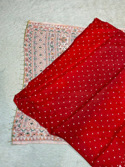 SHAGUN FASHION Pure Cotton Bandhani Printed Saree with Traditional Handwork Border & Mirror Work