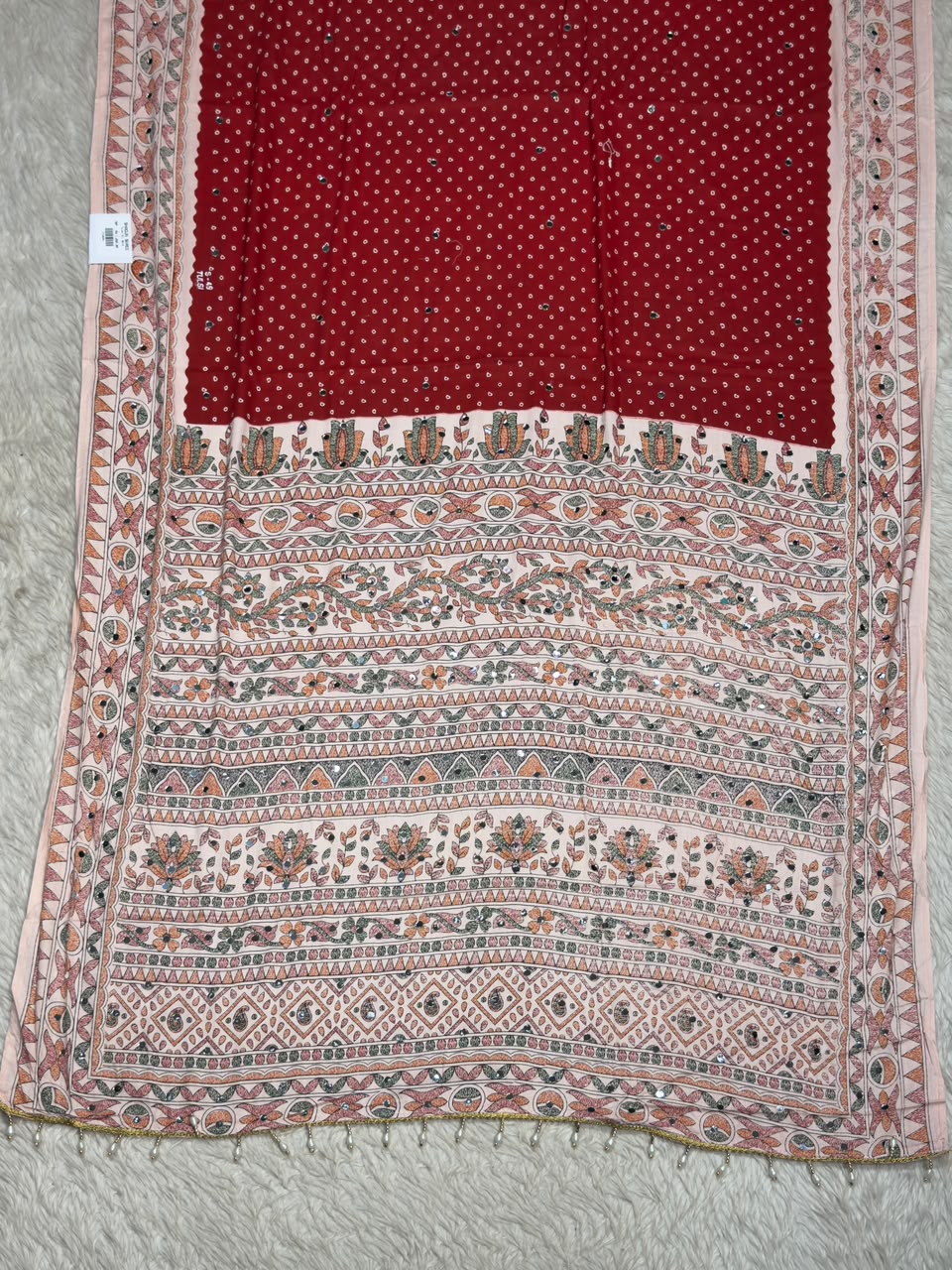 SHAGUN FASHION Pure Cotton Bandhani Printed Saree with Traditional Handwork Border & Mirror Work
