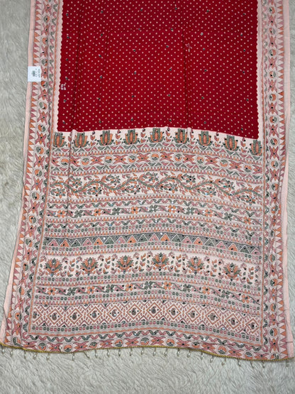SHAGUN FASHION Pure Cotton Bandhani Printed Saree with Traditional Handwork Border & Mirror Work