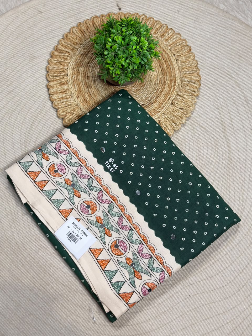 SHAGUN FASHION Pure Cotton Bandhani Printed Saree with Traditional Handwork Border & Mirror Work