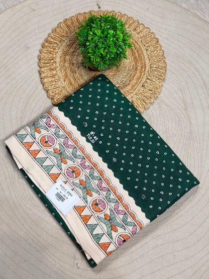SHAGUN FASHION Pure Cotton Bandhani Printed Saree with Traditional Handwork Border & Mirror Work