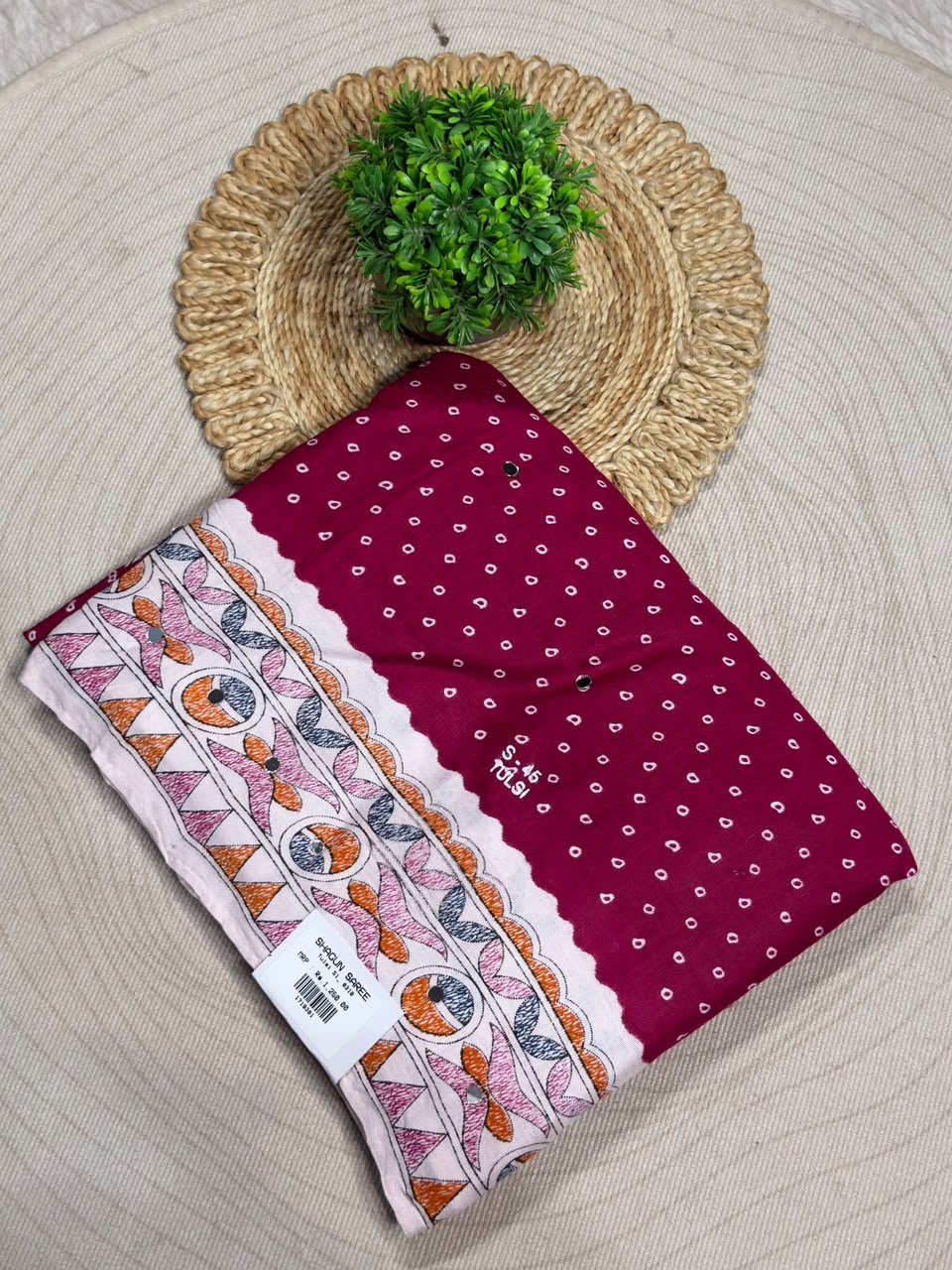 SHAGUN FASHION Pure Cotton Bandhani Printed Saree with Traditional Handwork Border & Mirror Work