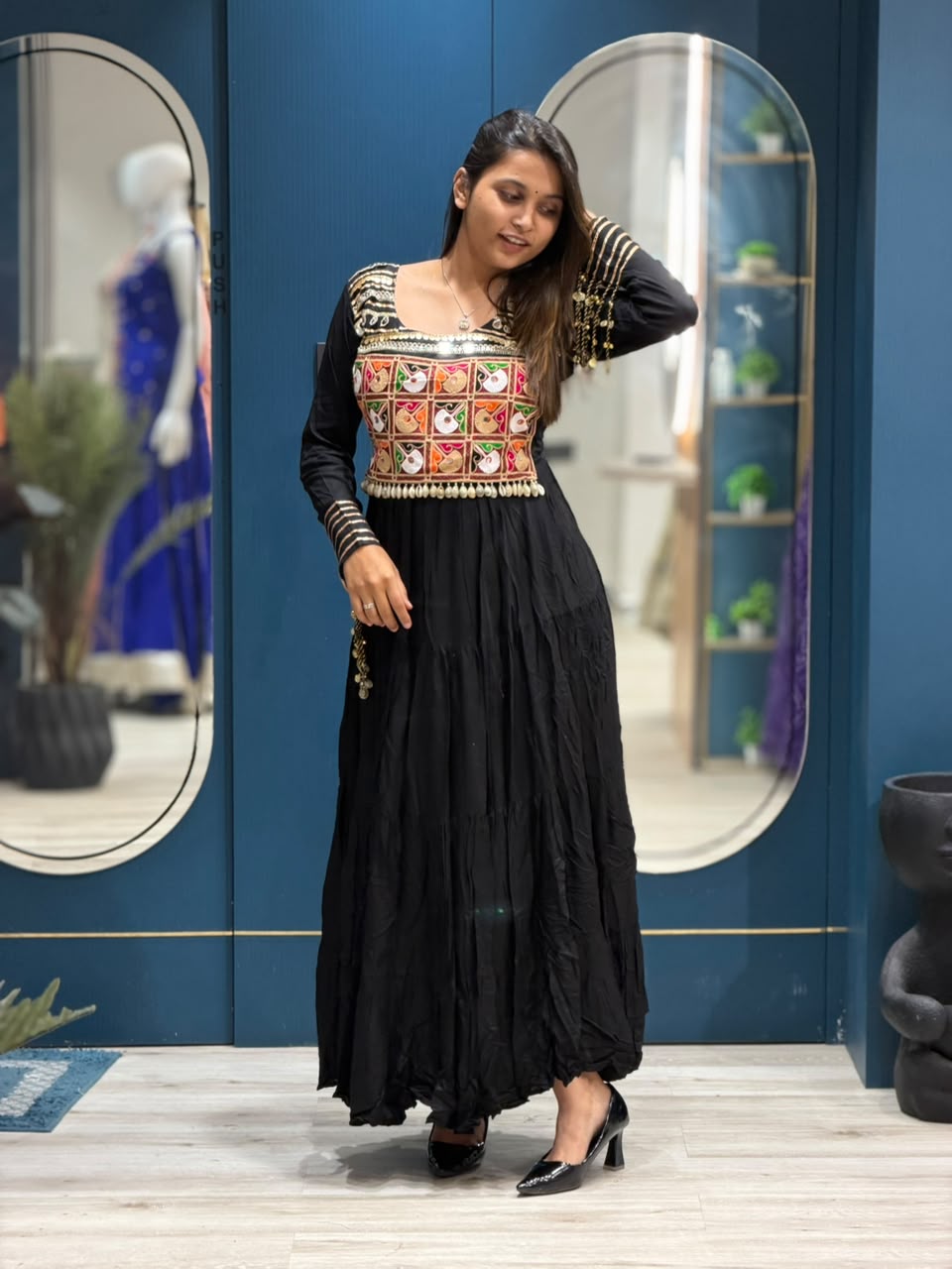 SHAGUN FASHION – Designer Kutchi Mirror Work Anarkali Gown
