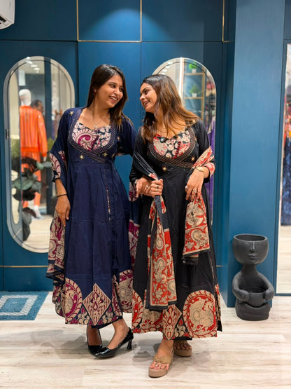 SHAGUN FASHION Premium Angrakha Style Printed Anarkali Suit Set with Handwork Yoke & Dupatta