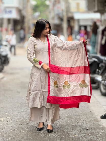 Beige Anarkali Kurta Set with Designer Contrast Pink Dupatta by SHAGUN FASHION