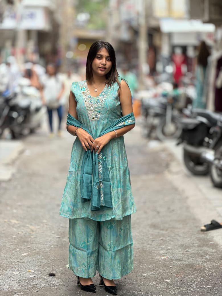 SHAGUN FASHION Premium Paisley Printed Silk Kurti, Flared Palazzo & Dupatta 3-Piece Set